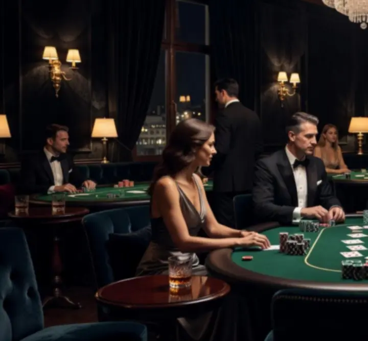 Exkluzív, félhomályos póker szalon high-stakes asztalokkal és elegáns enteriőrrel